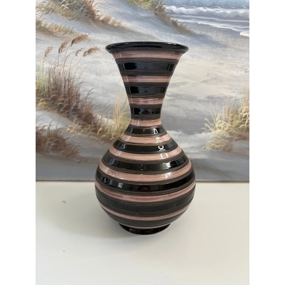 Strehla Keramik West German Pottery Vase 962 Black Pink Striped MCM 8.25